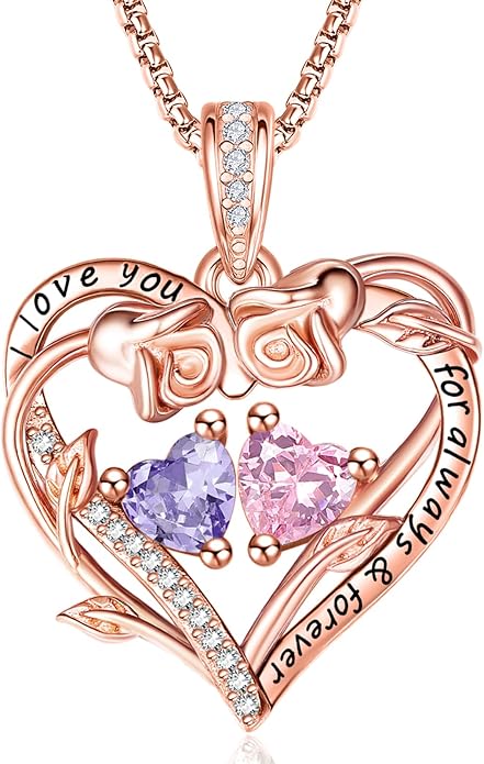 Rose Heart Necklaces for Women, Rose Gold Forever Love Jewelry with 2 Birthstones Pendant,Valentines Anniversarry Birthday Gifts for Her Wife Mom Grandma Daughter, 18+2 Inch Chain