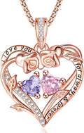 Rose Heart Necklaces for Women, Rose Gold Forever Love Jewelry with 2 Birthstones Pendant,Valentines Anniversarry Birthday Gifts for Her Wife Mom Grandma Daughter, 18+2 Inch Chain