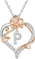 Valentines Day Gifts Rose Heart Letter Initial Necklace for Women, S925 Sterling Silver Pendant Necklace Adjustable Dainty Rose Flower Jewelry Gift for Her
