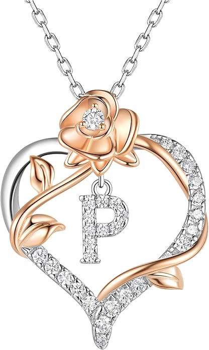 Valentines Day Gifts Rose Heart Letter Initial Necklace for Women, S925 Sterling Silver Pendant Necklace Adjustable Dainty Rose Flower Jewelry Gift for Her