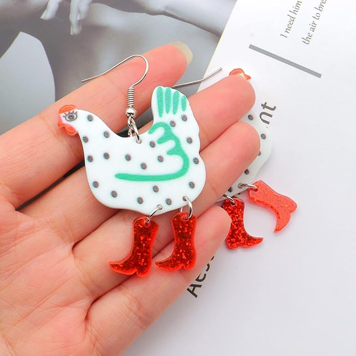 Acrylic Boot Big Chicken Earrings,Funny Colorful Boots Chicken Drop Dangle Earrings,Cock Hen Foot Chicken Earrings for Women Farm Design Lovely Gift