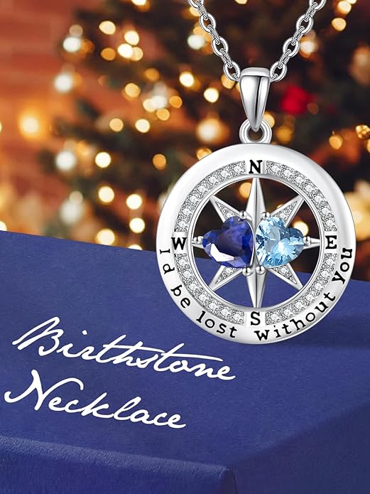 Compass Necklace for Women, Exquisite S925 Valentines Day Anniversary Birthday Gifts for Wife Her Double Birthstone Pendant Jewelry ‘I'd be Lost Without You’