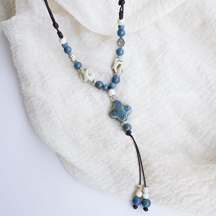 Boho Style Colorful Ceramic Bead Strand Necklace Adjustable Bohemian Jewelry Gift for Women, Fashion Clothing Matching Necklace