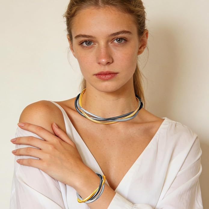 YBMYCM Chunky Gold-plated Silver Jewelry Set Multi Strands Stainless Steel Choker Necklace Bracelet Set for Women