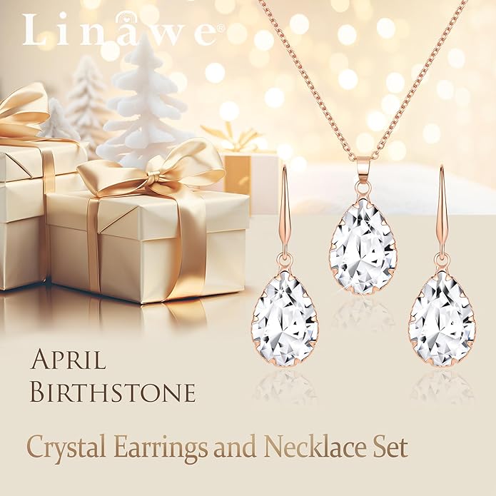 Linawe Crystal Jewelry Sets for Women, Imitation Diamond Pendant Necklace, Rhinestone Drop Dangle Earrings, Birthstone Cubic Zirconia Matching Wedding Jewelry, 14K Gold/Rose Gold/Silver Tones