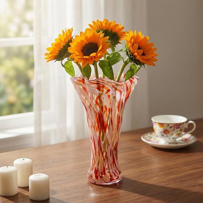 9.0" H Blush Pink Glass Vases for Flower, Unique Hand Blown Glass Vase | Wide - Image 7