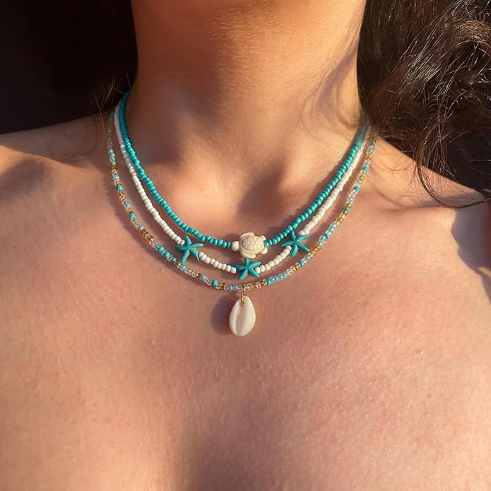 Women's Shell Starfish Boho Layered Beaded Necklace Choker for Summer Beach Vacation Gifts for Birthday/Anniversary/Christmas