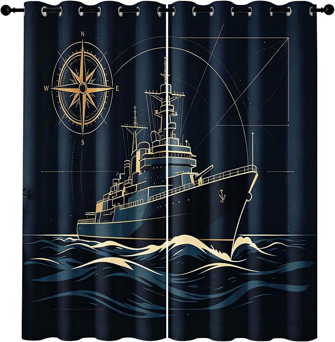 Navy Blue Warship Blackout Curtains 52 x 72 Inch Length Set of 2 | Nautical - Image 7