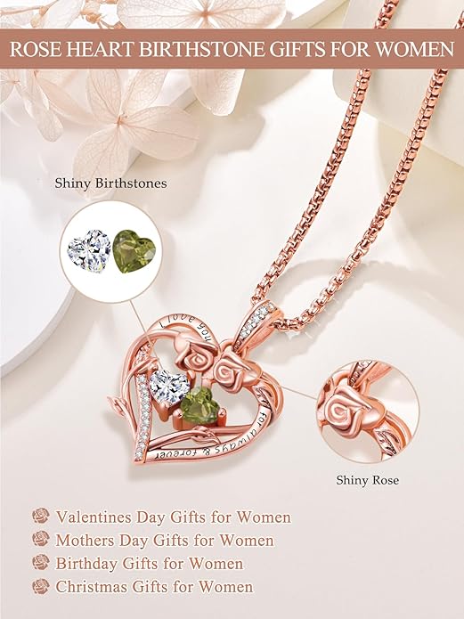Rose Heart Necklaces for Women, Rose Gold Forever Love Jewelry with 2 Birthstones Pendant,Valentines Anniversarry Birthday Gifts for Her Wife Mom Grandma Daughter, 18+2 Inch Chain