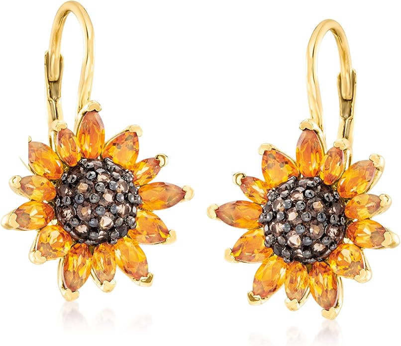 Ross-Simons 3.50 ct. t.w. Citrine and .80 ct. t.w. Smoky Quartz Sunflower Drop Earrings in 18kt Gold Over Sterling