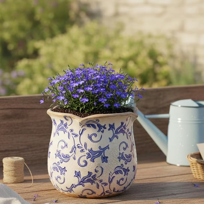 Retro Distressed Ceramic Pots, Antique Crackle Glaze Planters w/ Drainage | - Image 4