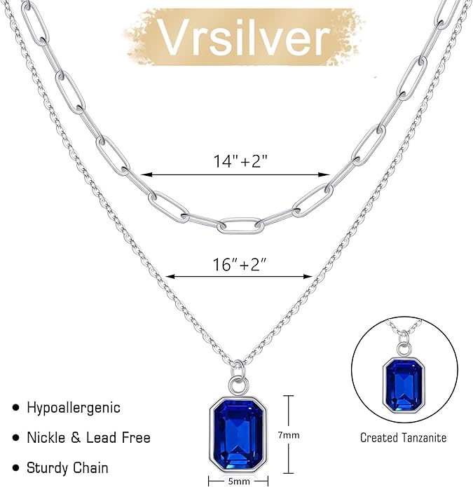Layered Birthstone Necklace for Women Girls, 14K Gold-Plated Paperclip Chain Choker Necklace with Rectangle Birthstone Pendant Birthday Gifts for Women Girls Dainty Small
