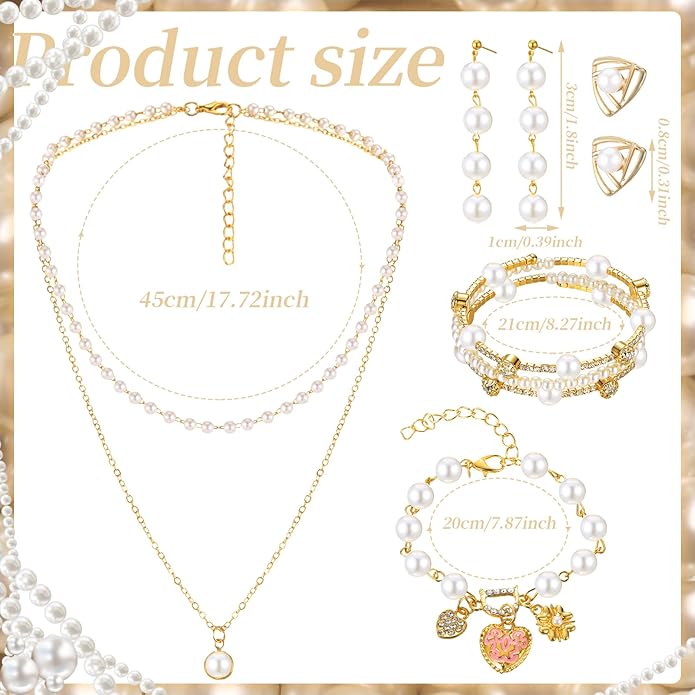 Glenmal Pearl Rhinestone Jewelry Set for Women Pearl Necklace Bracelet Earrings for Wedding Birthday Bridal Shower Tea Party
