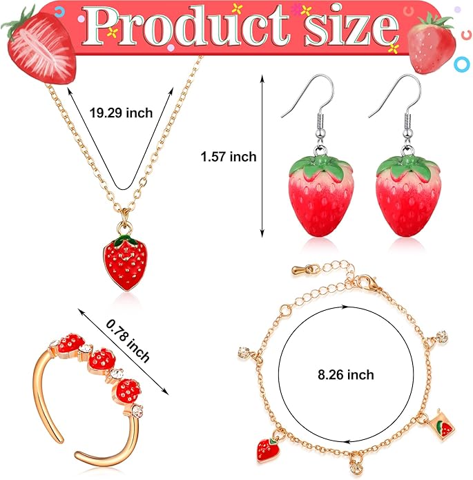 Yingzhao 6 Pieces Strawberry Jewelry Set Strawberry Purse Bag Earrings Red Necklace Bracelet Ring Charm gift for Women Teen Girls