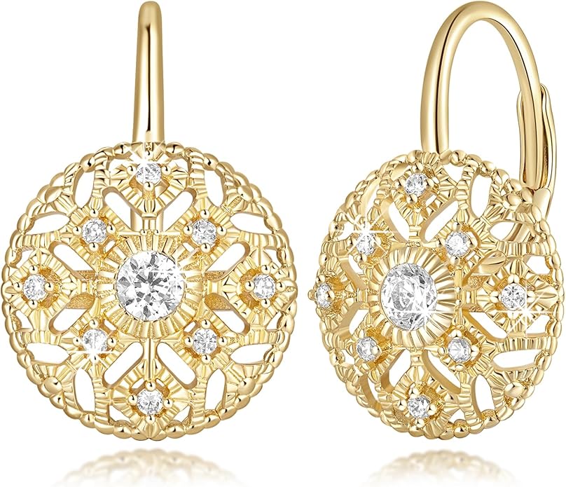 Eloqueen 14K Gold Drop Earrings Dangle Earrings for Women Leverback Dangle with Cubic Zirconia with Engraved Details 14K Gold Earring for Women 14/16mm