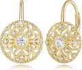Eloqueen 14K Gold Drop Earrings Dangle Earrings for Women Leverback Dangle with Cubic Zirconia with Engraved Details 14K Gold Earring for Women 14/16mm