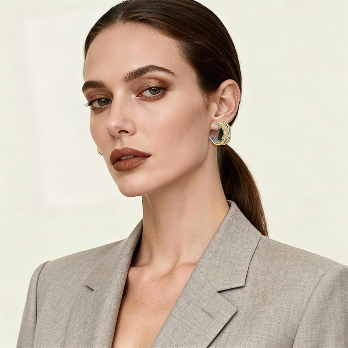 Gold and Silver Mixed Metal Clip-On Earrings Two Tone Clip-On Earrings Chunky Twist Open Hoops Earring Fashion Jewelry