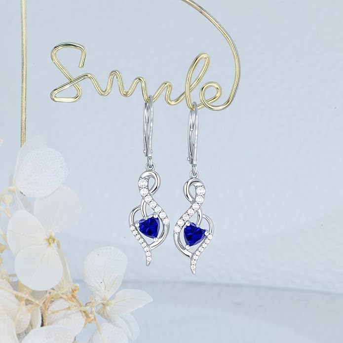 Infinity Heart Dangle Drop Earrings for Women, 925 Sterling Silver Birthstone Leverback Earrings, Birthday Anniversary Valentines Day Jewelry Gifts for Women Mom Her