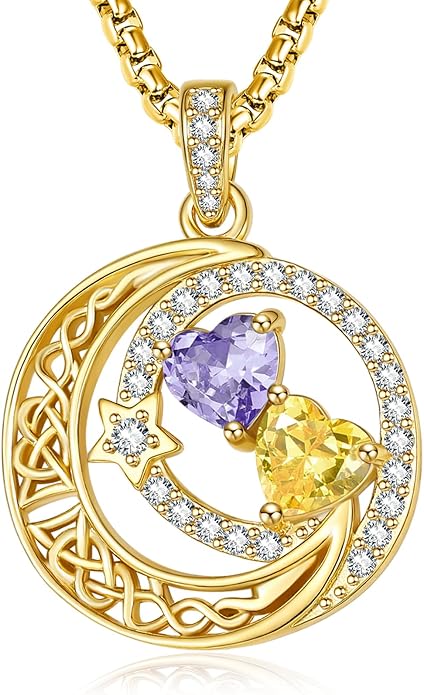 14K Gold Moon and Star Necklace Gifts for Women - Double Heart Birthstone Necklace, Valentines Wedding Anniversary Birthday Gifts for Her Wife Mom Daughter Grandma Sister