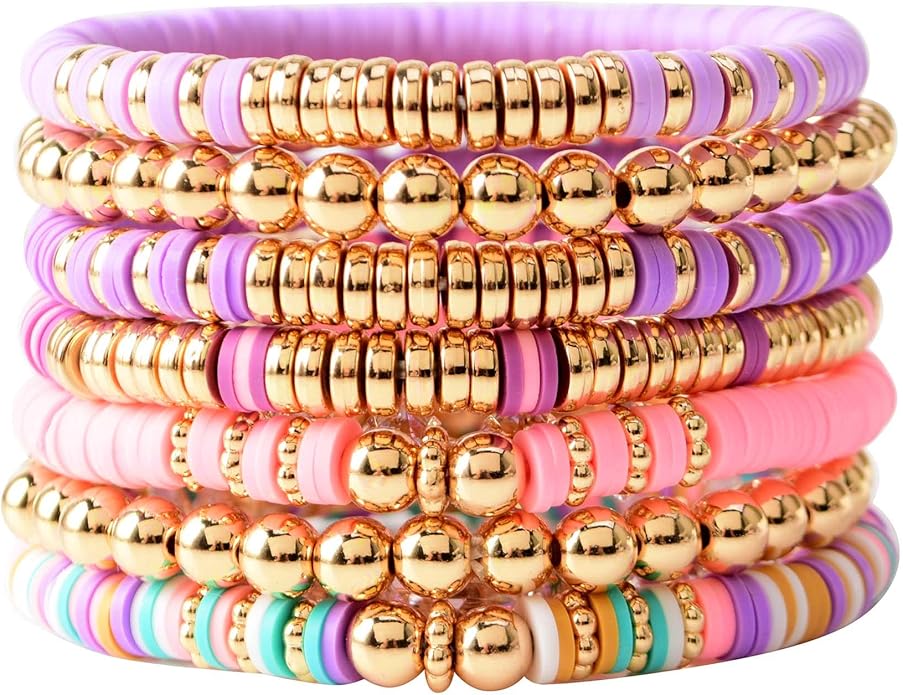 GOOJIDS Surfer Heishi Clay Bead Bracelets for Women Bohemian Stackable Gold Plated Beaded Stretch Bracelets Elastic Layering Friendship Bracelets Set Boho Jewelry