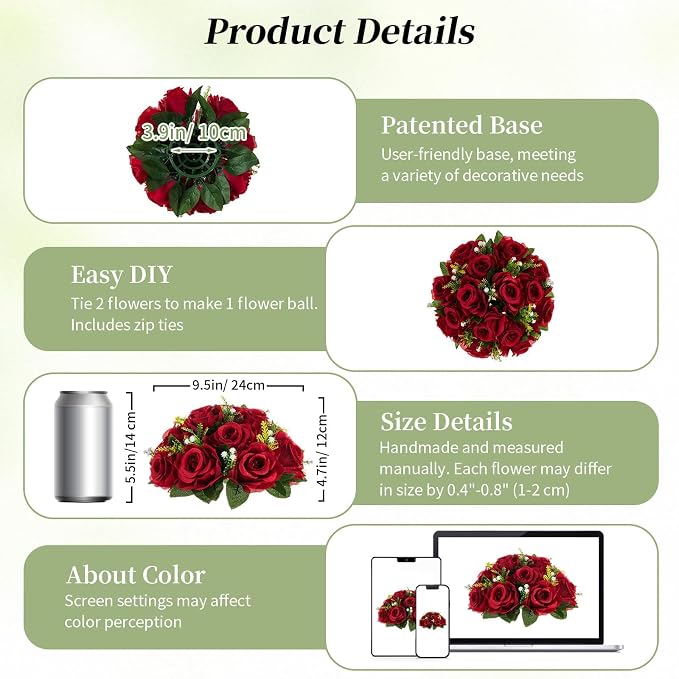 BLOSMON Rose Flower Balls for Table Centerpieces, Reusable | 9.5 Inch, Faux - Image 5