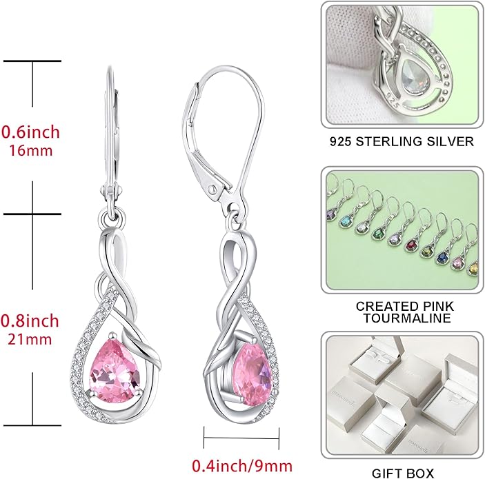 STARCHENIE 925 Sterling Silver Necklace Dangle Earrings for Women Infinity Twisted Teardrop Pendant October Birthstone Created Pink Tourmaline Jewelry Set