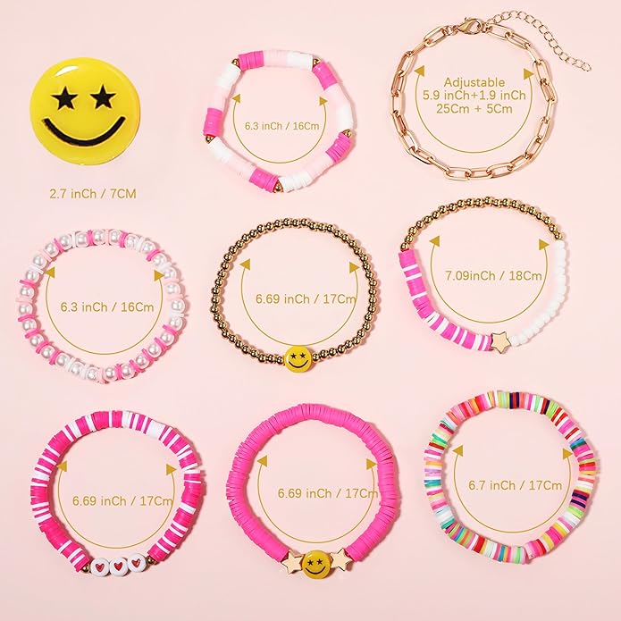 Preppy Bracelets Set Colorful White Gold Smile Heart Star Polymer Beaded Pearl Clay Stackable Charm Y2K Kidcore Aesthetic Summer Beach Bohemian Stretch Layering Bracelets Jewelry for Girls Women Teens
