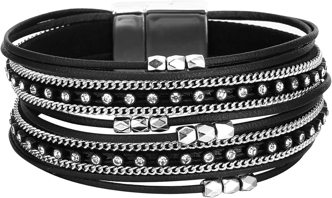 Fesciory Leather Wrap Bracelets for Women, Boho Leopard Multi-Layer Crystal Beads Cuff Bracelet Jewelry