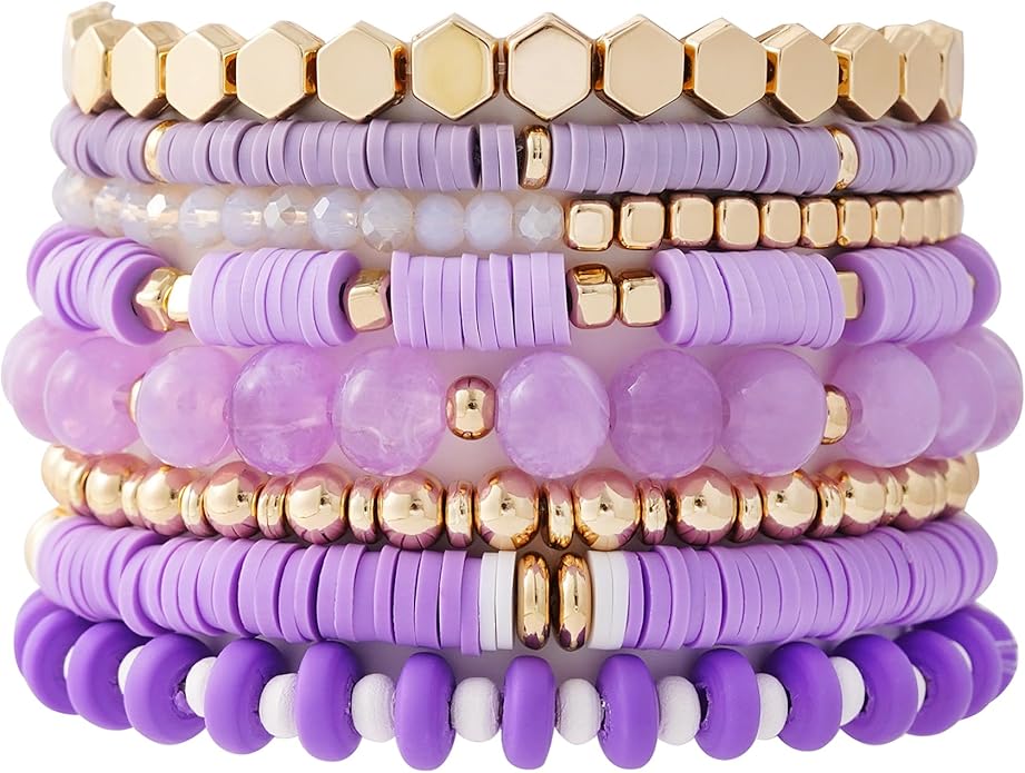 GOOJIDS Surfer Heishi Clay Bead Bracelets for Women Bohemian Stackable Gold Plated Beaded Stretch Bracelets Elastic Layering Friendship Bracelets Set Boho Jewelry