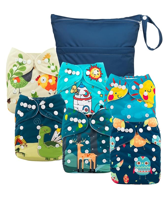 babygoal Cloth Diaper Covers 6 Pack with Wet Bag for Fitted Diapers and Prefolds with Double Gussets, Adjustable and Reusable for Baby Boys 6DCF13-B
