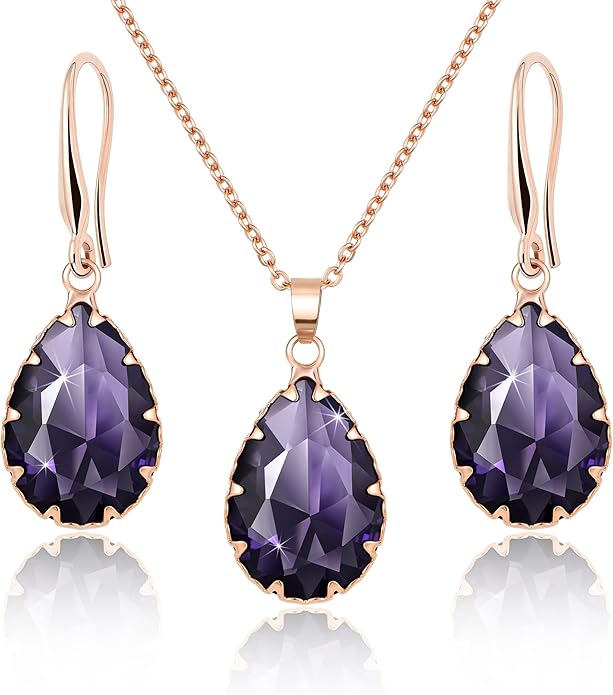 Linawe Crystal Jewelry Sets for Women, Imitation Diamond Pendant Necklace, Rhinestone Drop Dangle Earrings, Birthstone Cubic Zirconia Matching Wedding Jewelry, 14K Gold/Rose Gold/Silver Tones