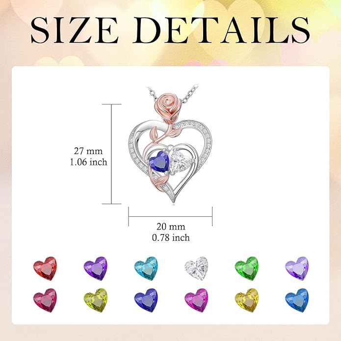 Rose Flower Heart Pendant for Women Birthday Gifts 18k Gold Plated Mother Daughter Necklace with 12 Months Birthstone Christmas Valentines Day Gifts for Her Mom Anniversarry Jewelry for Mom Wife Girlfriend