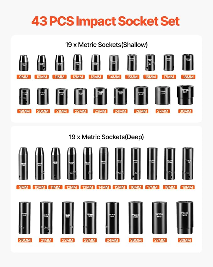 VEVOR Impact Socket Set, 1/2 Inches 43 Piece Impact Sockets, 1/2 Inches Drive - Image 3