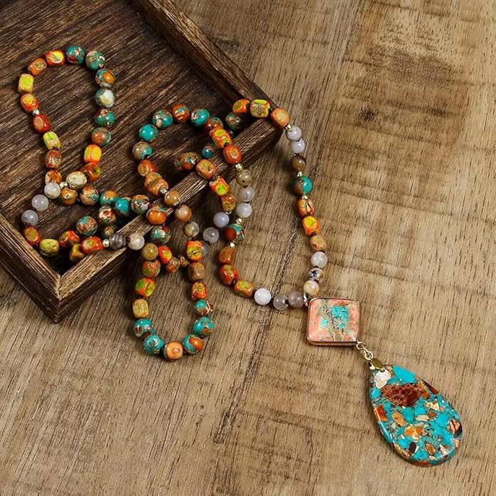 Yomisa Boho Necklaces for Women Men Long,33/34/35 Inch Natural Turquoise Tiger Eye Beaded Stone Pendant Necklaces for Women Trendy,Handmade Bohemian Western Bead Necklace Fashion Charm Jewelry Gift