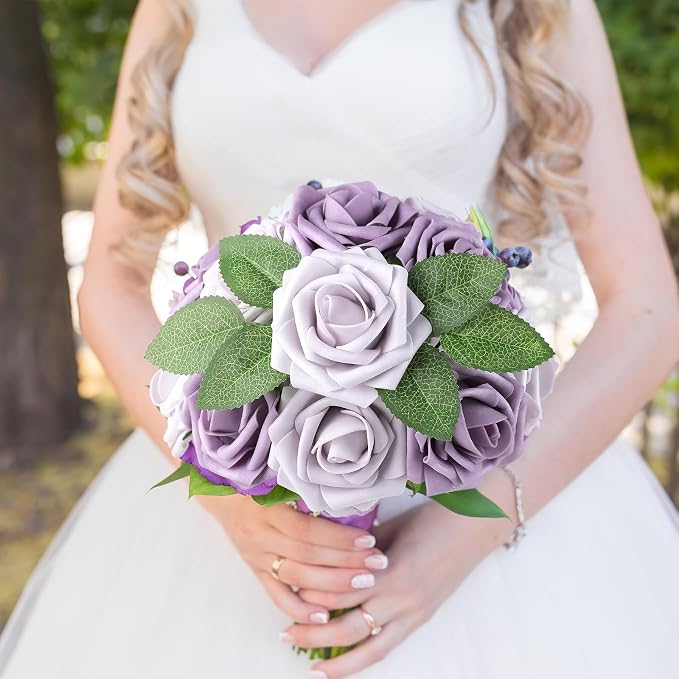 AmyHomie Pale Lavender Rose 25pcs Real Looking Artificial Flowers w/Stem | - Image 2
