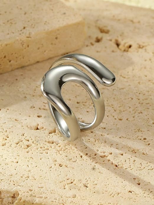 Chunky Rings For Women, Gold Silver Thumb Ring Asymmetrical Wavy Curve Ring Adjustable Non Tarnish Dainty Stainless Steel New Year Anniversary Birthday Jewelry Gift