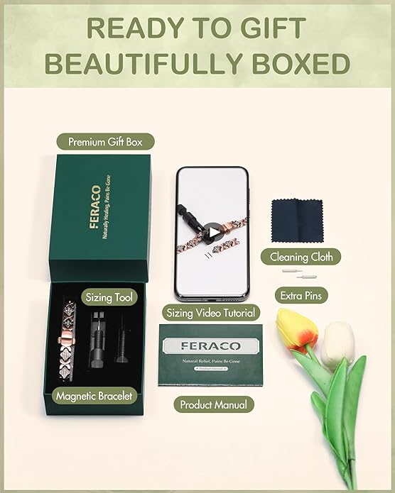 Feraco Pure Copper Bracelets for Women, 5X Ultra Strength Magnetic Bracelet with 5000 Gauss Neodymium Magnets & Upgraded Butterfly Clasp, Adjustable Jewelry Gift