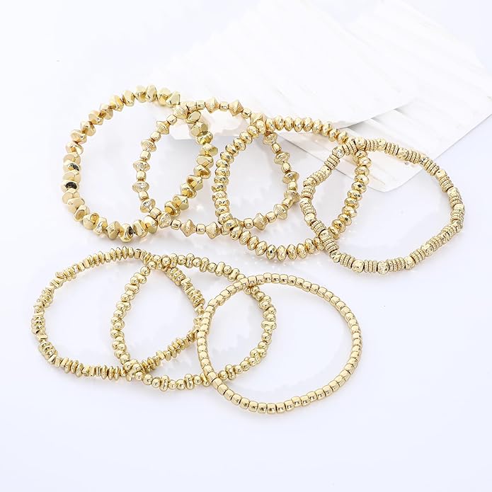 Gold Plated Beaded Bracelets for Women Trendy, 14K Gold Plated Stack Cross Pearl Gold Plated Bead Stretch Bracelets Set Elastic Hypoallergenic Bracelets Jewelry Gifts