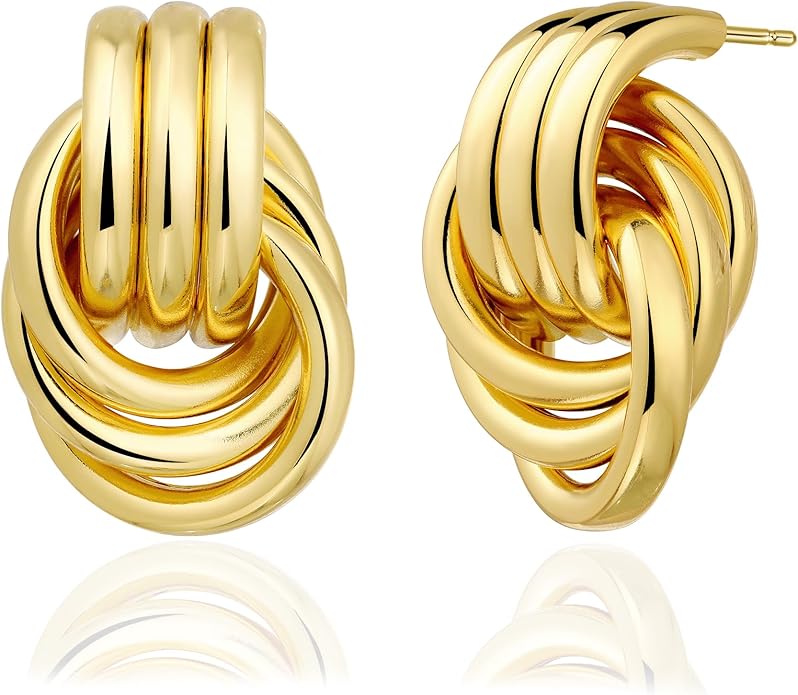 Chunky Gold Knot Earrings for Women, Gold Silver Statement Geometric Drop Dangle Long Link Earrings Trendy Dupes Jewelry
