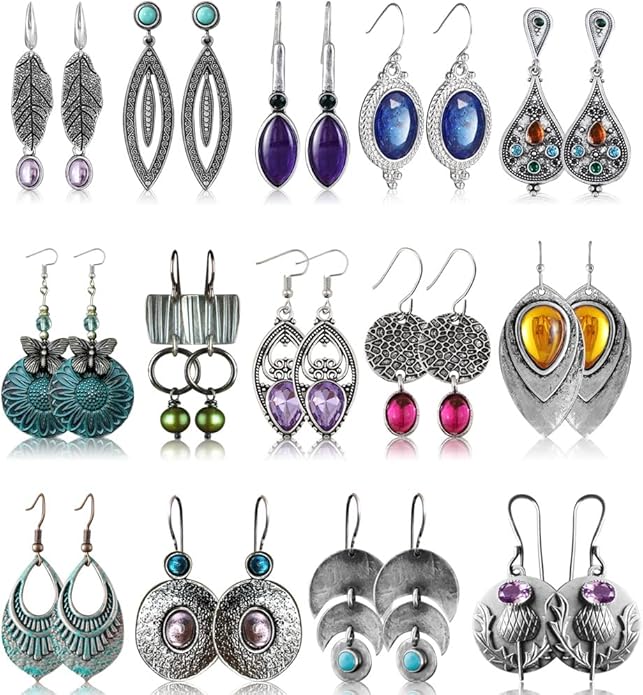 12 Pairs Teardrop Druse Crystal Drop Dangle Earrings for Women Cubic Zirconia Huggie Hoop Earring Jewelry Set Christmas Gifts