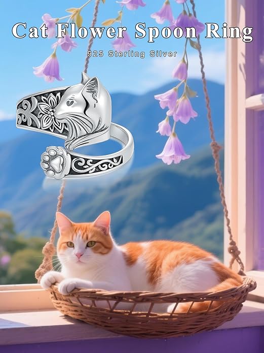 Midari Sun and Moon/Bee/Celtic/Life of Tree/Lotus Spoon Ring for Women 925 Sterling Silver Adjustable Ring Open Ring for Women Men Halloween Birthday Gift
