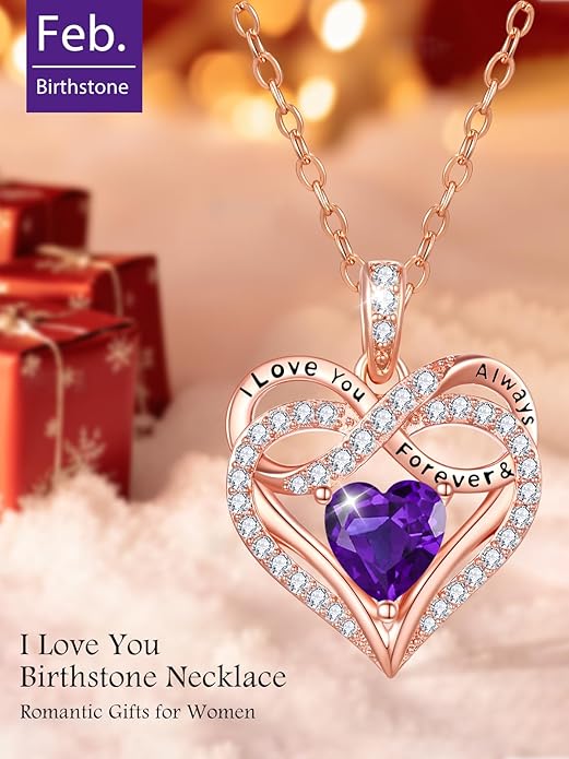 Infinity Rose Gold Valentines Heart Birthstone Necklace for Women,I Love You Always and Forever Jewelry,Valentines Anniversary Birthday Gifts for Her Wife Mom Grandma Daughter