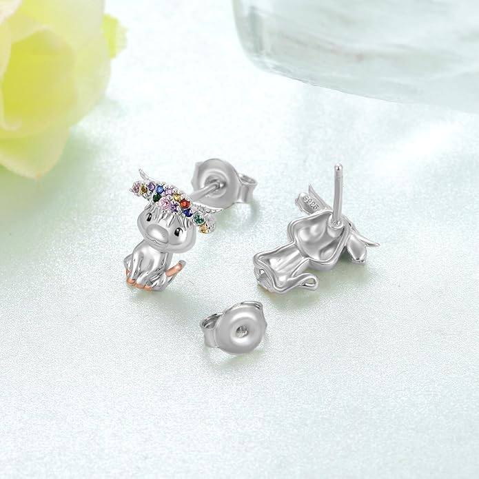 Axolotl/Highland Cow/Panda/Giraffe Stud Earrings 925 Sterling Silver Cute Animal Earrings with with Colored Zircon Animal Jewelry Gift for Girls Women