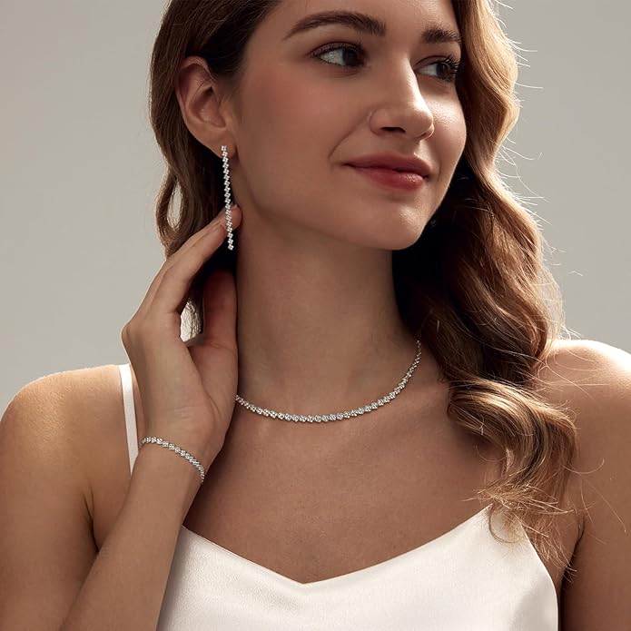 Tennis Necklace Bracelet for Women, Dainty Sterling Sliver Choker Necklace Crystal Link Bracelet Stud Earrings for Women Wedding Jewelry for Bride Jewelry Set Accessories
