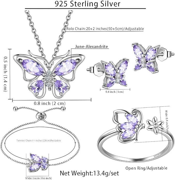 925 Sterling Silver Birthstone Butterfly Jewelry Women Crystal Animal Cute Butterflies Birthday Necklace/Earring/Ring/Bracelet Sets Birth Stone Statement Anniversary Jewellery