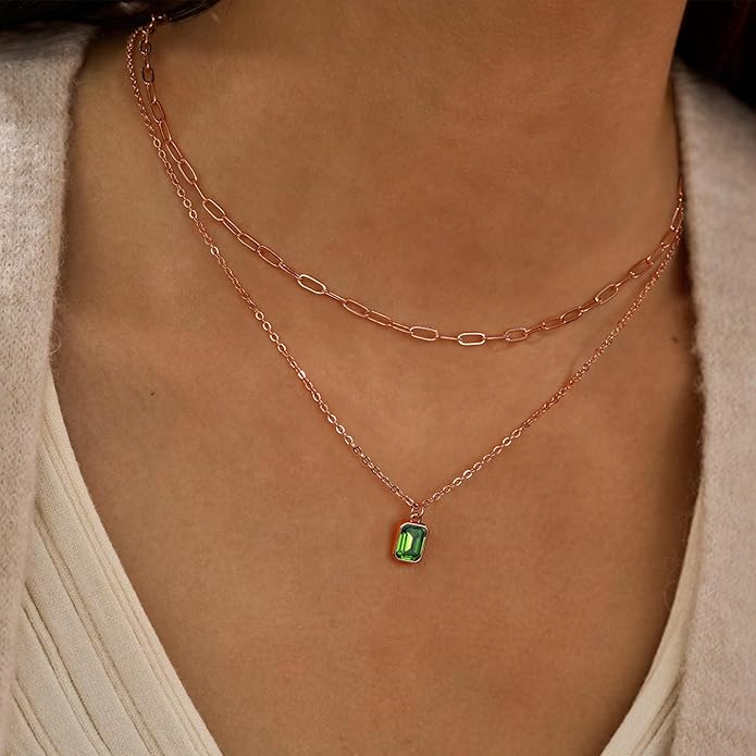 Layered Birthstone Necklace for Women Girls, 14K Gold-Plated Paperclip Chain Choker Necklace with Rectangle Birthstone Pendant Birthday Gifts for Women Girls Dainty Small