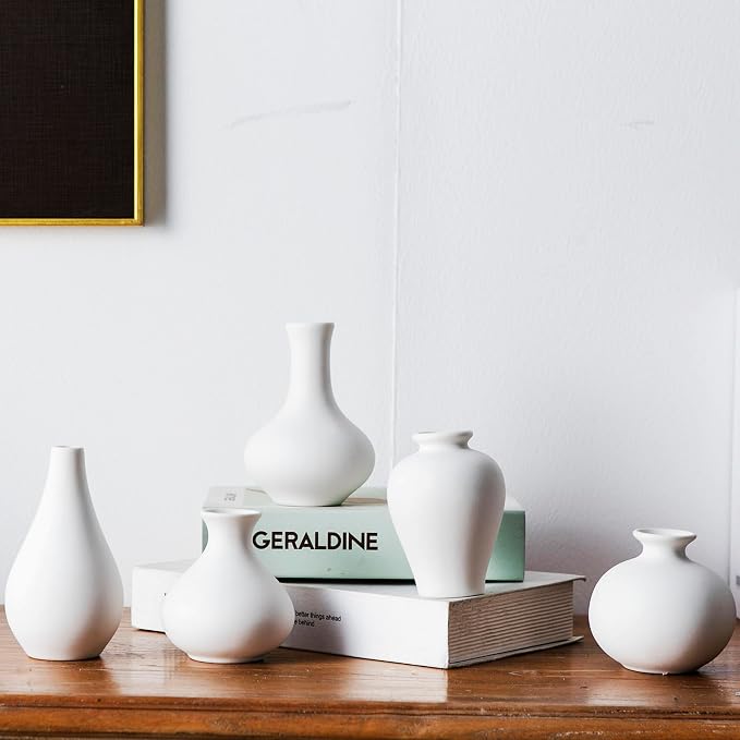 White Bud Vases, Ceramic Small Vase Set of 5, Mini Vases - Image 8