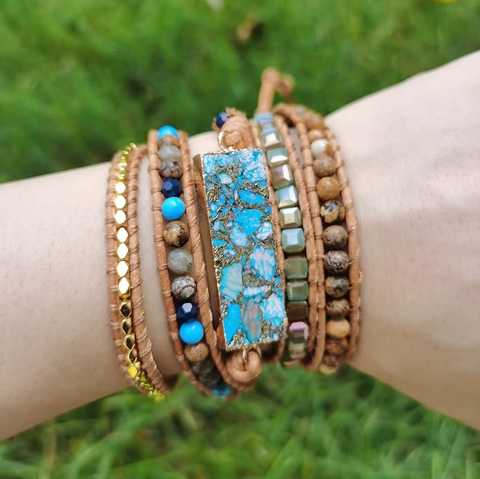 ZOSOJONA Women Wrap Bracelets Boho Natural Stone Jasper Turquoises Strand Bracelet Jewelry Collection
