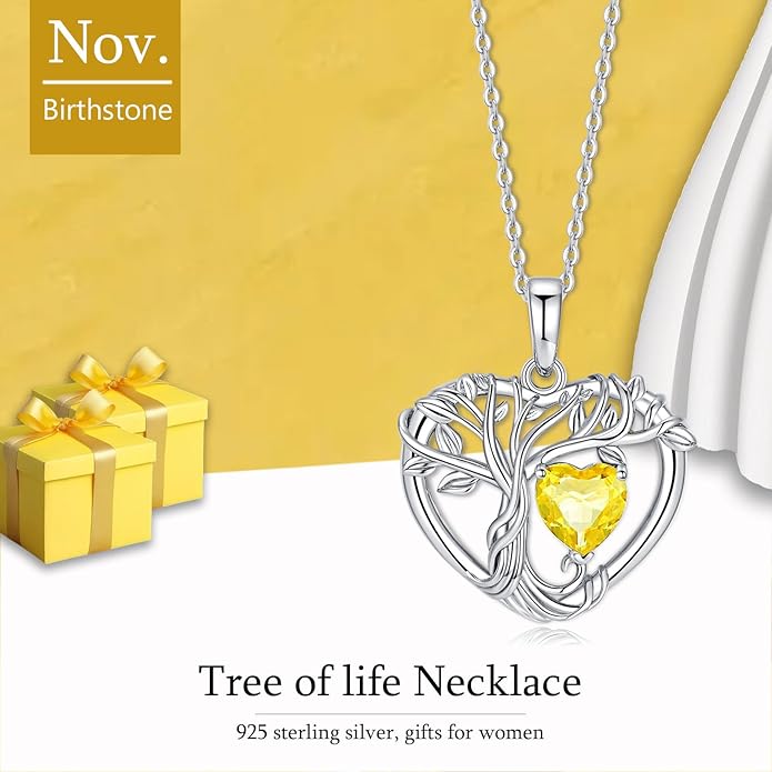 Tree of Life Necklaces for Women 925 Sterling Silver Heart Pendant Birthstone Necklace Created Gemstone Jewelry for Her, 18"+2"
