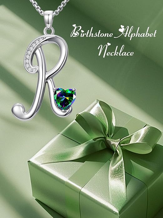 Valentines Day Gifts for Women Alphabet A to Z Initial Birthstone Pendant Necklaces for Women - 18k White Gold Plated Personalized Name Jewelry Valentine Mothers Day Birthday Gifts for Women Her Girlfriend